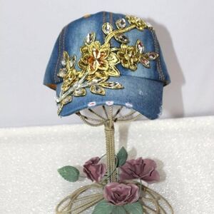 New Denim Floral Embellished Adjustable Baseball Cap